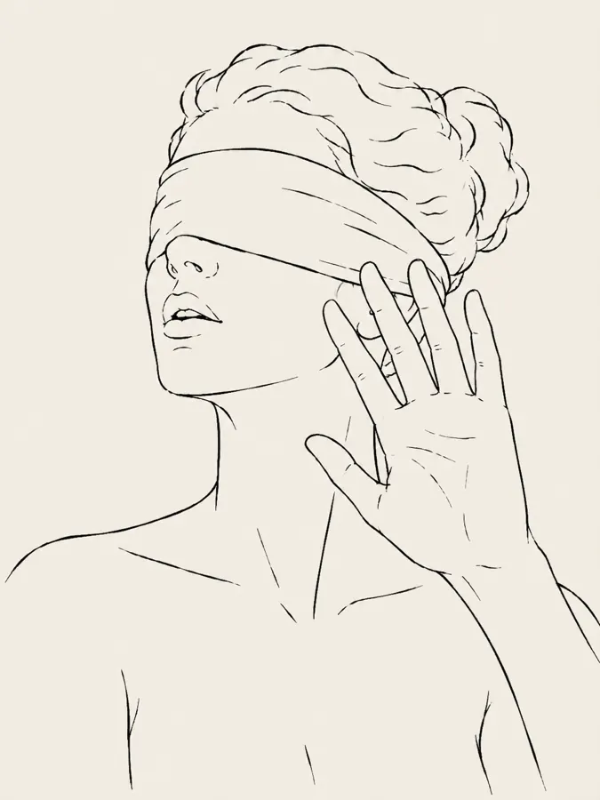 Line drawing of a person raising a hand, eyes covered: a boundary around private images.