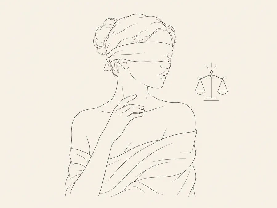 Line drawing of a person with scales of justice, for fair handling of a case.