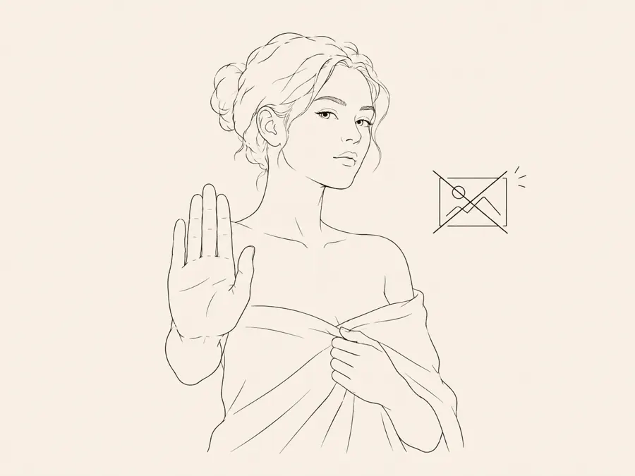Line drawing of a stop gesture and a crossed-out photo mark. Files stay on this device.