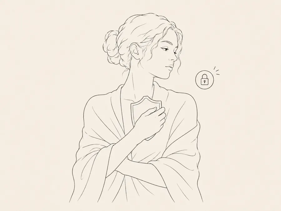 Line drawing of a person holding a shield, with a lock mark for protection.