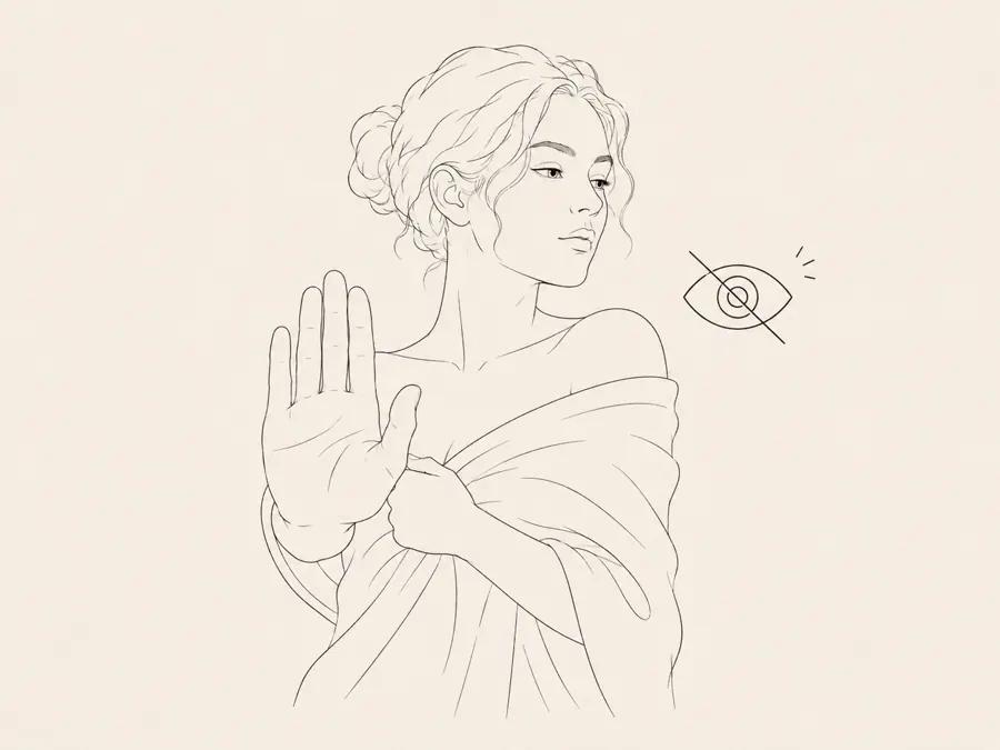 Line drawing of a stop gesture and a crossed-out eye, for not watching private data.
