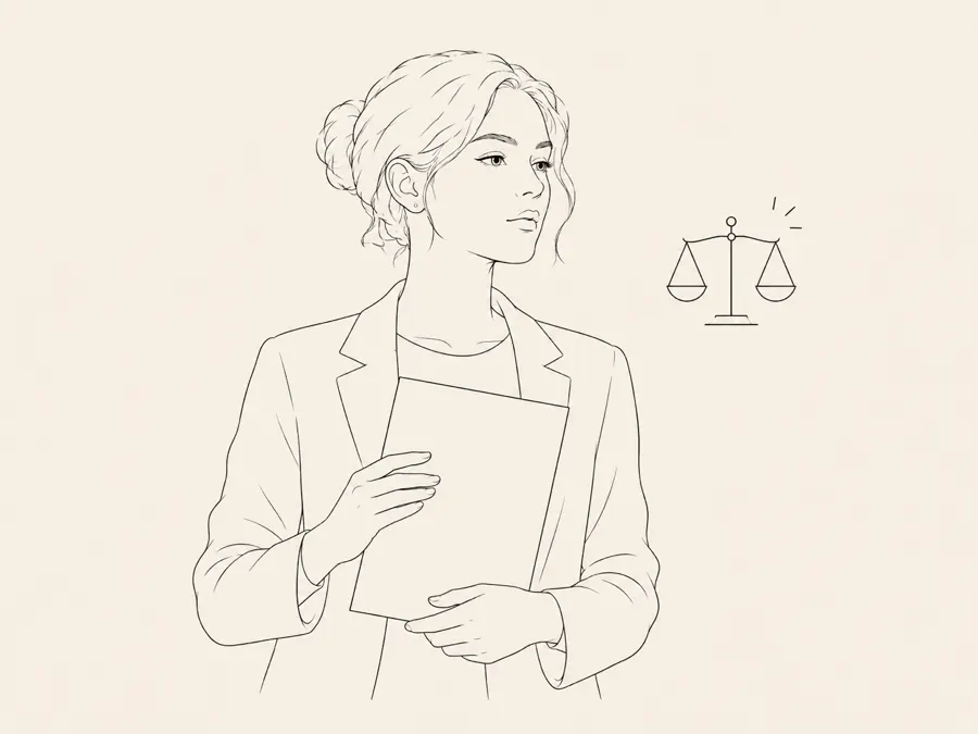 Line drawing of a person holding documents beside scales of justice.