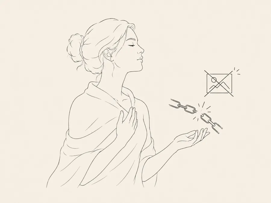 Line drawing of an open hand, a broken chain, and a crossed-out image mark.
